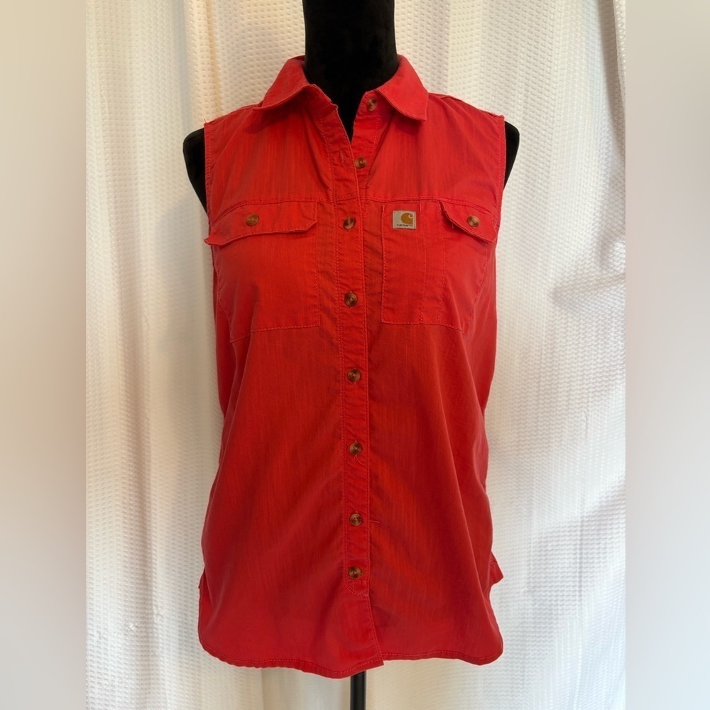 Carhartt red button down collar tank top size small (4-6)